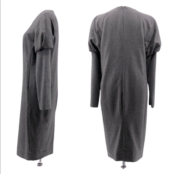 Akris Punto Grey Wool Flannel Puff Sleeve Midi Shift Dress Size 10 - Picture 2 of 11